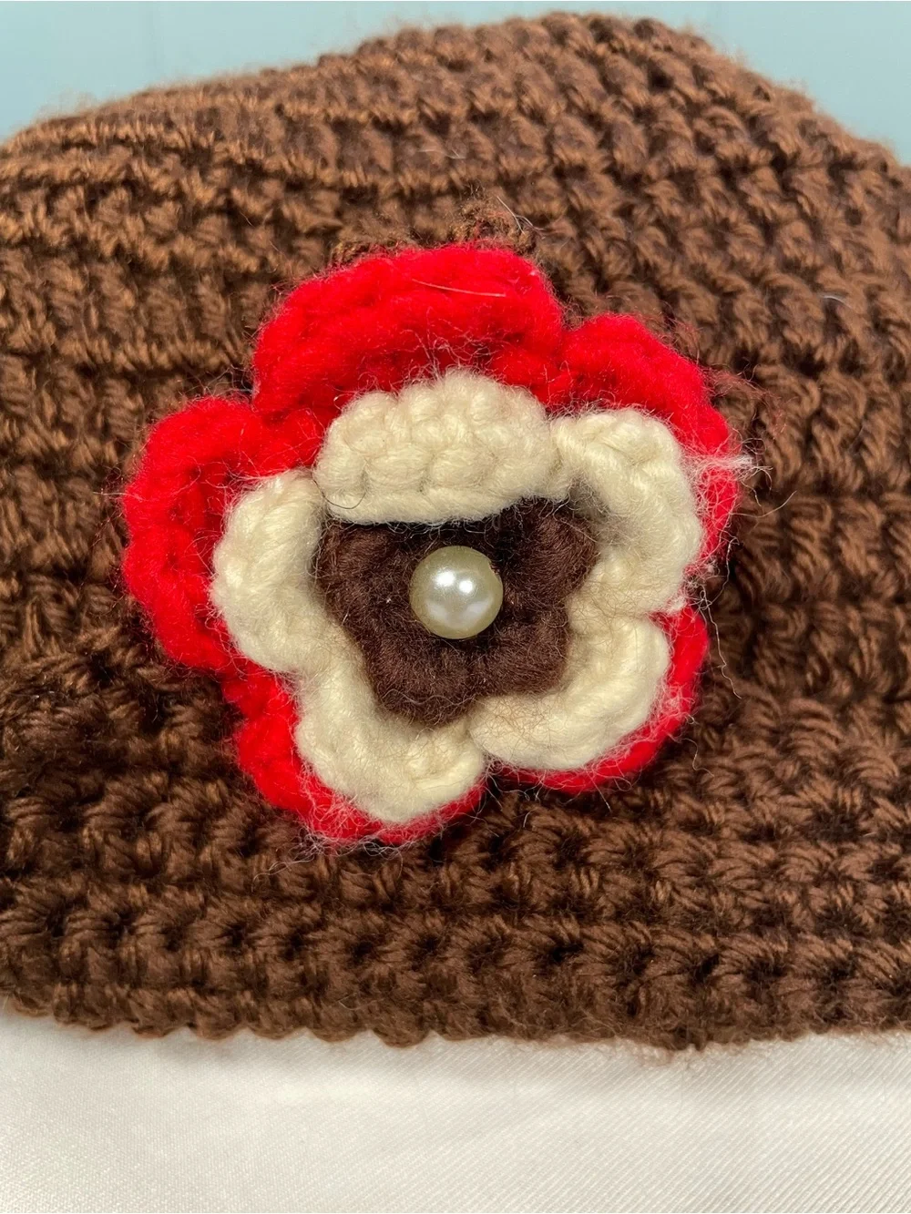 VTG Inspired Handmade Brown Crochet Cloche Hat with Flower Pearl Button Accent